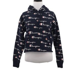 Champion Reverse Weave Logo Graphic Hoodie‎ Womens Small Cotton Pullover Cropped